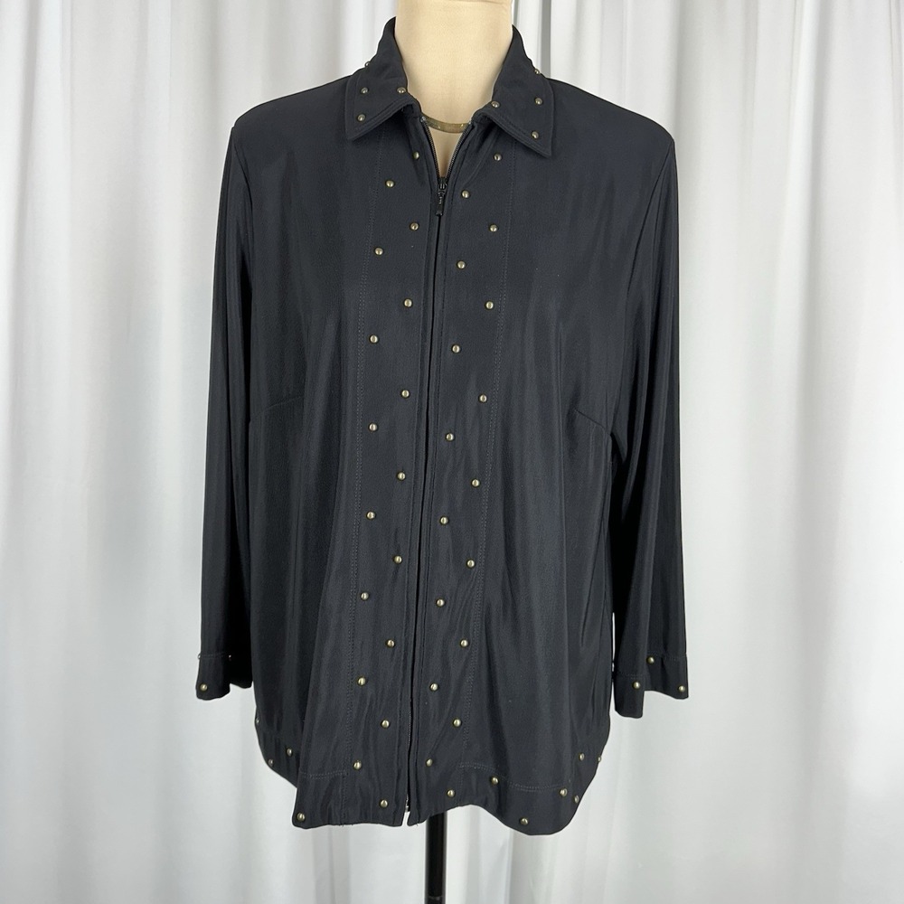 Vtg Donna Toran Zip Up Studded‎ Jacket Sz L Black Stretch Comfort EUC